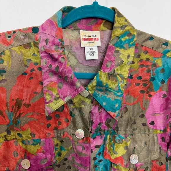 Ruby Rd. Favorites Multicolor Burnout Linen Blend Jacket Shirt Size 18W - Picture 2 of 6